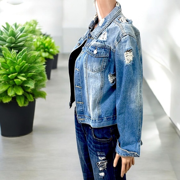 Distressed Tattered Detailing Blue Ripped Button Up Denim Jacket - Picture 11 of 15